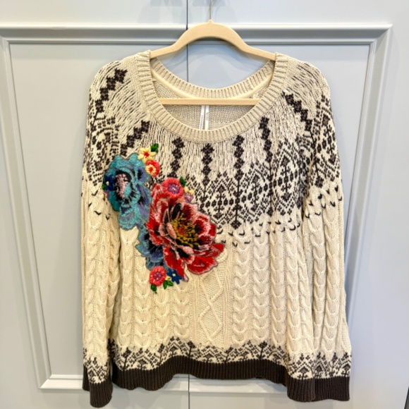Anthropologie Cable Knit Fair Isle Sweater with Gorgeous Floral Accent - Picture 2 of 4
